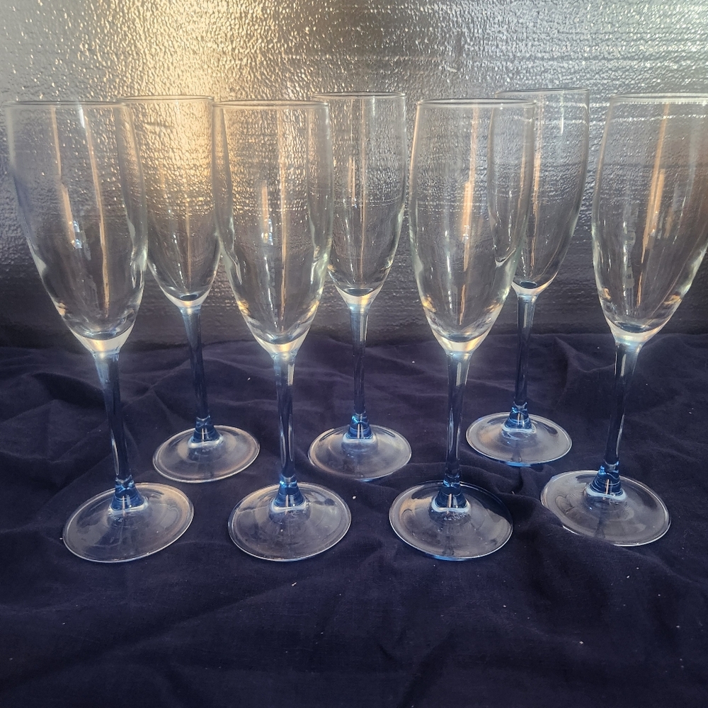7 Luminarc France Baby Blue Champagne Wine Glasses